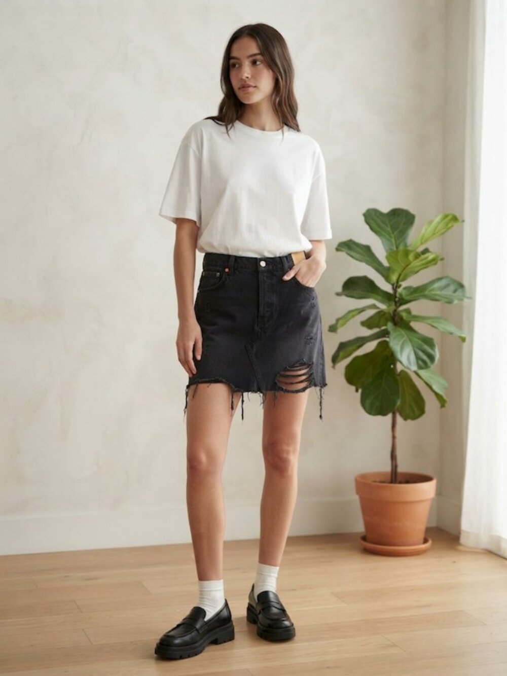 & Denim Skirt Distressed Grunge Black Size 16
